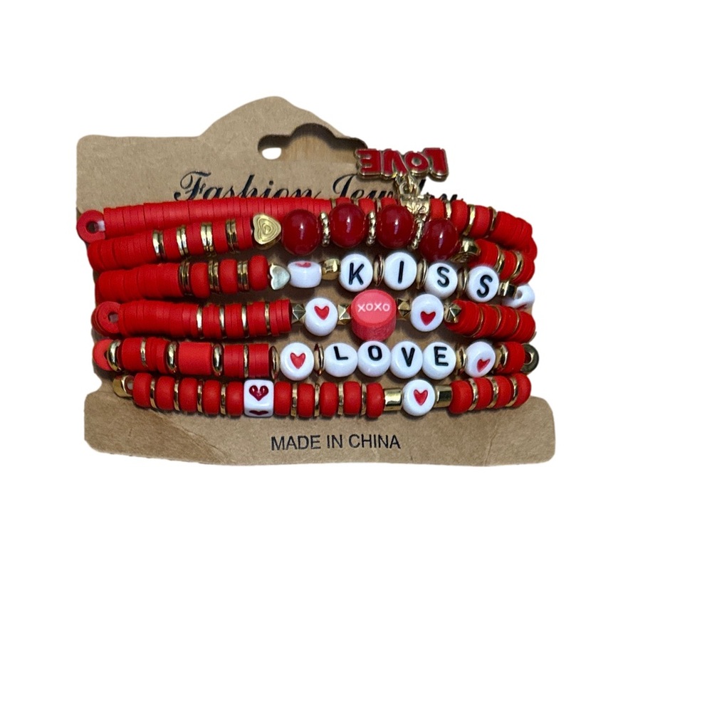 Red Beaded Bracelet Set with Love Charms